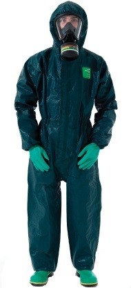 Microchem / AlphaTec 4000 Overall mit Kapuze und Ansell Barrier Handschuhen Modell 121 grün